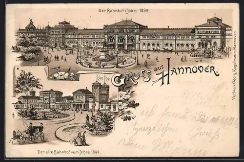 Lithographie Hannover, Bahnhof 1898, alter Bahnhof 1844