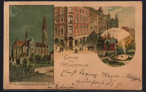 Lithographie Hagen i. W., Katholische Kirche, Kampstrasse, Waldlust