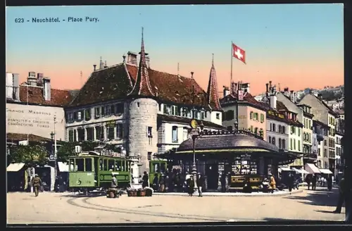 AK Neuchatel, Place Pury, Strassenbahn