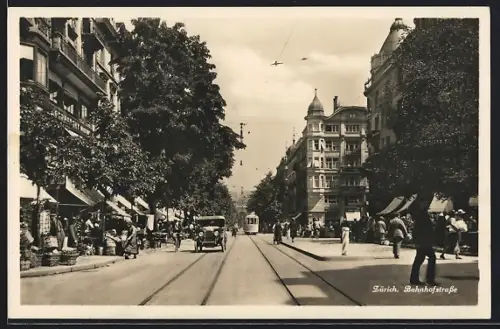 AK Zürich, Bahnhofstrasse mit Strassenbahn