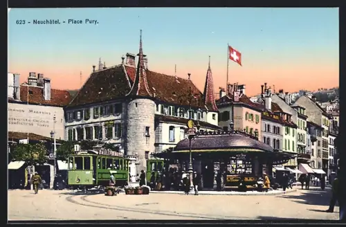 AK Neuchatel, Place Pury, Strassenbahn