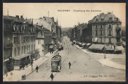 AK Belfort, Faubourg des Ancetres, Strassenbahn
