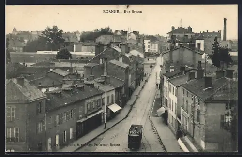 AK Roanne, Rue Brison, Strassenbahn