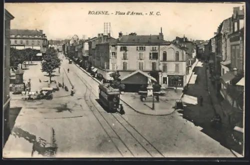 AK Roanne, Place d`Armes, Strassenbahn
