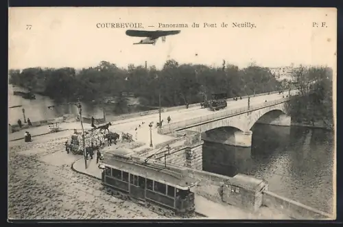 AK Courbevoie, Strassenbahn an der Brücke, Le Pont de Neuilly, Flugzeug