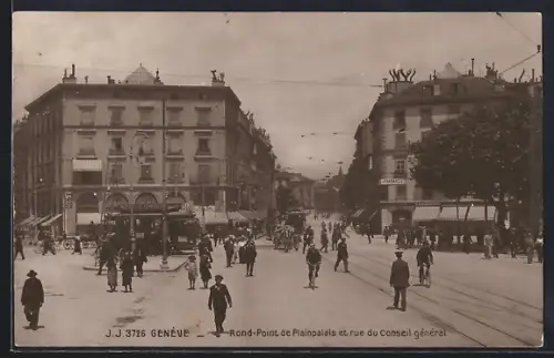 AK Genève, Rond-Point de Plainpalais et rue du Conseil general, Strassenbahn
