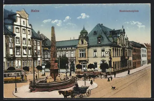 AK Mainz, Neubrunnenplatz mit Strassenbahn und Kutschen