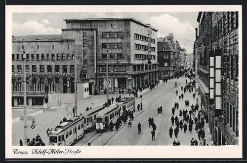 AK Essen, Strasse mit Strassenbahnen aus der Vogelschau