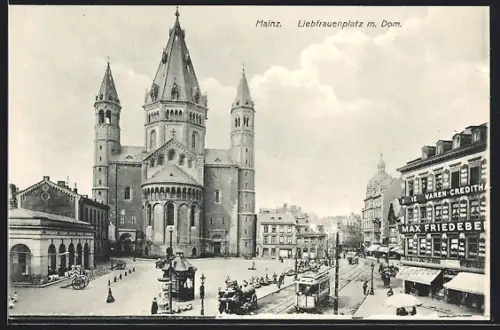 AK Mainz, Liebfrauenplatz mit Dom und Strassenbahn