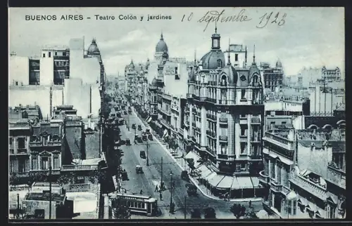 AK Buenos Aires, Teatro Colon y jardines, Strassenbahn