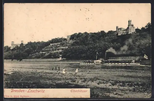 AK Dresden-Loschwitz, Dampfer auf der Elbe, Elbschlösser