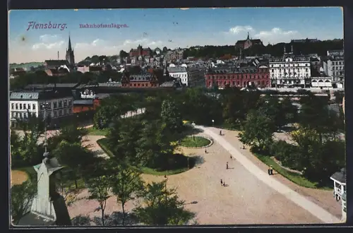 AK Flensburg, Bahnhofsanlagen aus der Vogelschau
