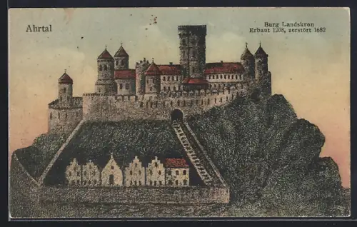 Künstler-AK Heppingen /Ahrtal, Burg Landskron, Erbaut 1208, zerstört 1682