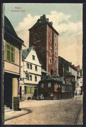 AK Mainz, Eiserner Turm mit Strassenpartie