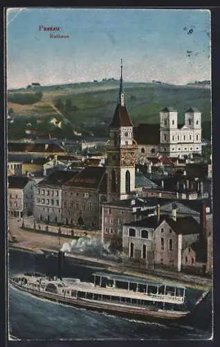 AK Passau, Rathaus mit Dampfer