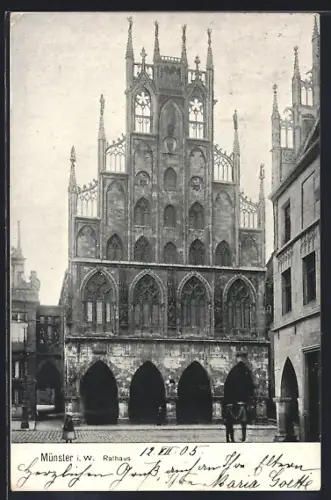 AK Münster i. W., Rathaus mit Strassenpartie