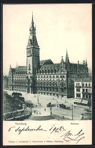 AK Hamburg, Rathaus mit Gasthaus Münchener Hackebräu und Strassenbahn
