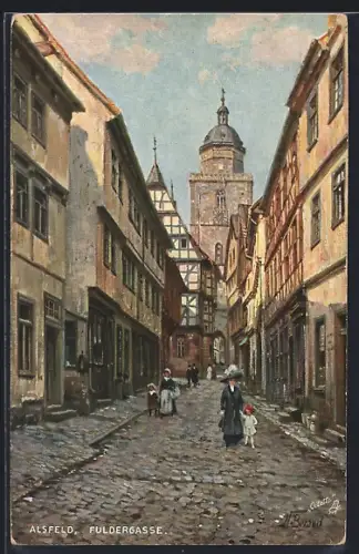 Künstler-AK Alsfeld, Strasse Fuldergasse mit Passanten