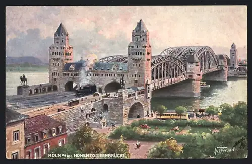 Künstler-AK Köln a. Rh., Blick auf die Hohenzollernbrücke