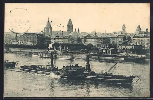 AK Mainz, Dampfer Matthias Stinnes auf dem Rhein mit Ortsansicht