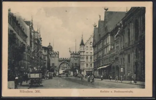 AK München, Karlstor und Neuhauserstrasse mit Hotel und Geschäften