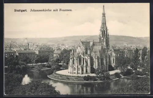 AK Stuttgart, Johanneskirche mit Feuersee