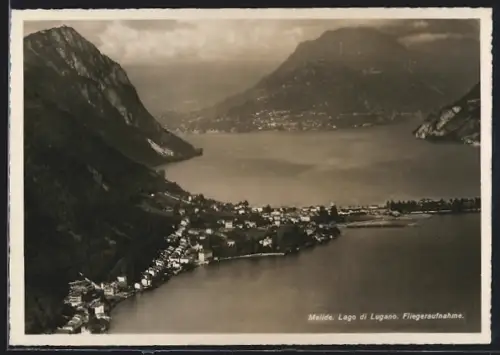 AK Melide /Lago di Lugano, Teilansicht, Fliegeraufnahme