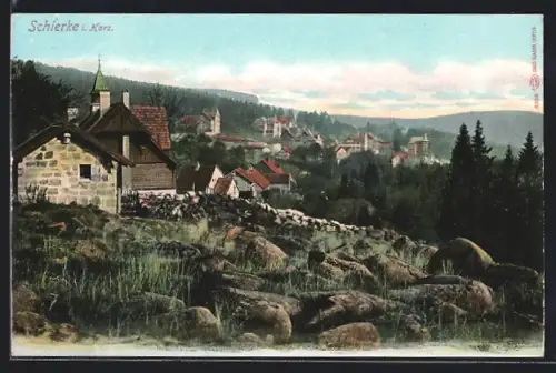 AK Schierke i. Harz, Ortsansicht mit Häusern und Blick auf den Ort