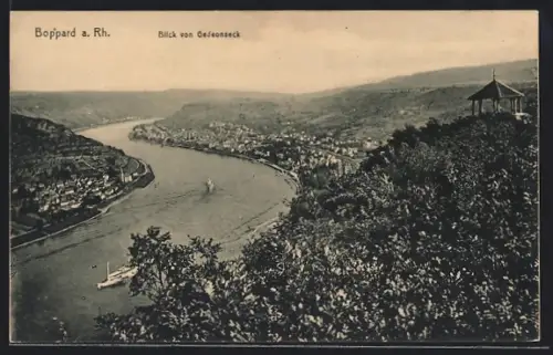 AK Boppard a. Rh., Blick von Gedeonseck auf Rhein und Pavillon