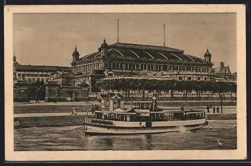 AK Mainz, Stadthalle mit neuer Terrasse, Dampfschiff