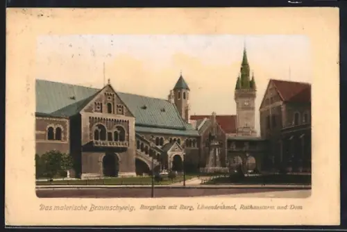AK Braunschweig, Burgplatz mit Burg, Löwendenkmal, Rathausturm und Dom