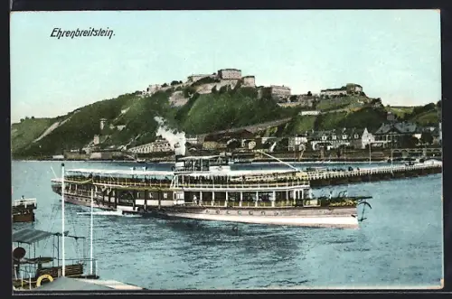 AK Ehrenbreitstein, Festung und Dampfschiff auf dem Rhein