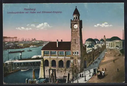 AK Hamburg-St.Pauli, Landungsbrücke mit Hafen und Elbtunnel-Eingang