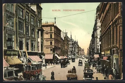 AK Berlin, Friedrichstrasse, Strassenszene, Aschinger, Strassenbahn