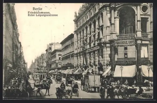AK Berlin, Friedrichstrasse Ecke Leipzigerstrasse, Equitable Café