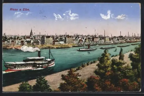 AK Riesa a. Elbe, Stadtansicht mit Dampfschiffen auf der Elbe