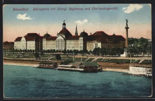 AK Düsseldorf, Rheinpartie mit Königl. Regierung und Oberlandesgericht