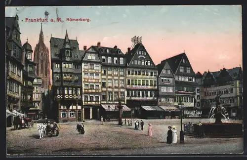 AK Alt-Frankfurt, Römerberg, Fachwerkhäuser, Brunnen
