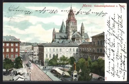 AK Mainz, Gutenbergdenkmal und Dom