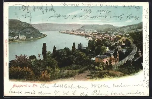 AK Boppard a. Rh., Blick auf Stadt, Rhein und Bahnanlagen