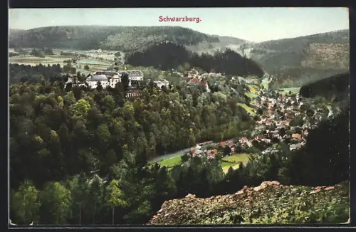 AK Schwarzburg, Blick auf Schloss und Ort im Tal