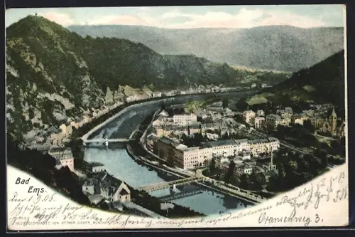 AK Bad Ems, Gesamtansicht mit Lahn und Kurgebäuden