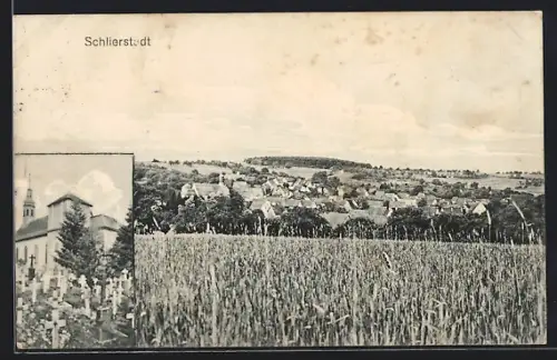AK Schlierstadt, Teilansicht, Kirche mit Friedhof