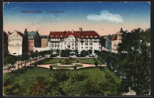 AK Saarbrücken, Beethovenplatz mit Handelsschule Meissner & Heldrich