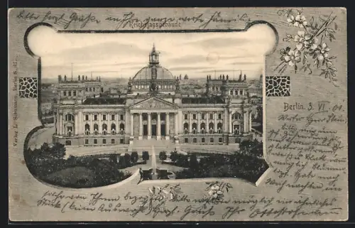 Lithographie Berlin-Tiergarten, Reichstagsgebäude, Blumen, Passepartout
