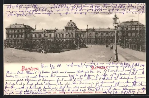 AK Bautzen, Bahnhof mit Strassenpartie