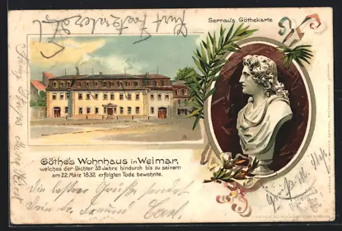Lithographie Weimar, Goethe`s Wohnhaus, Büste von Goethe