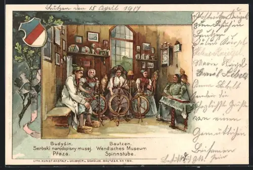 Lithographie Bautzen, Wendisches Museum, Männer und Frauen in Spreewälder Tracht sitzen in der Spinnstube