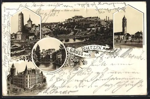 Vorläufer-Lithographie Bautzen, 1895, Schloss Ortenburg, Caserne, Reichenturm