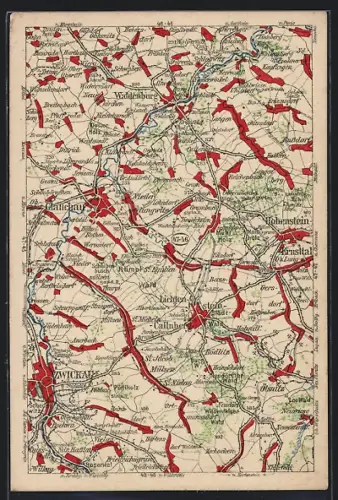 Künstler-AK Zwickau, Umgebungskarte des Wona-Verlags mit umliegenden Ortschaften